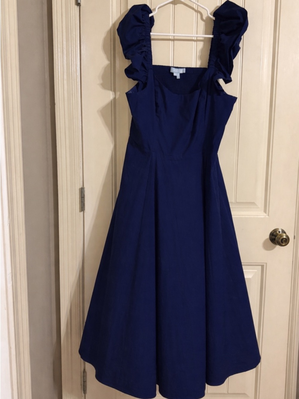 NWT XXL Hill House Daphne Dress: Navy Ruffle-Shoulder Midi Dress